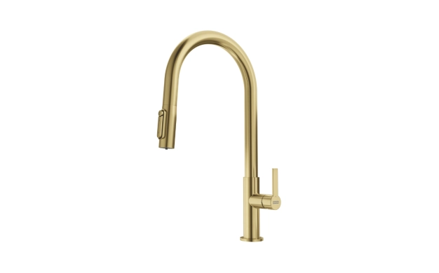 Трипътен кухненски смесител FRANKE Maris Slim Clear Water J Pull-Out PVD Gold 120.0736.601